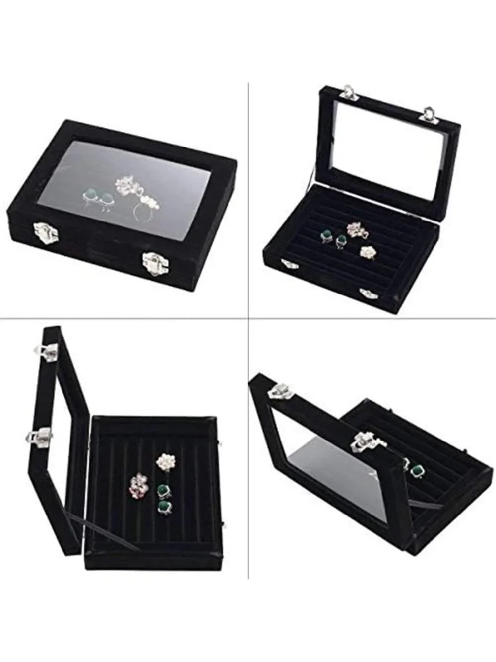 Black Velvet Ring Organizer Tray 7 Slots Transparent Lid Dustproof Jewelry Box